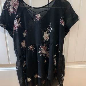 black, flowery, flowy top